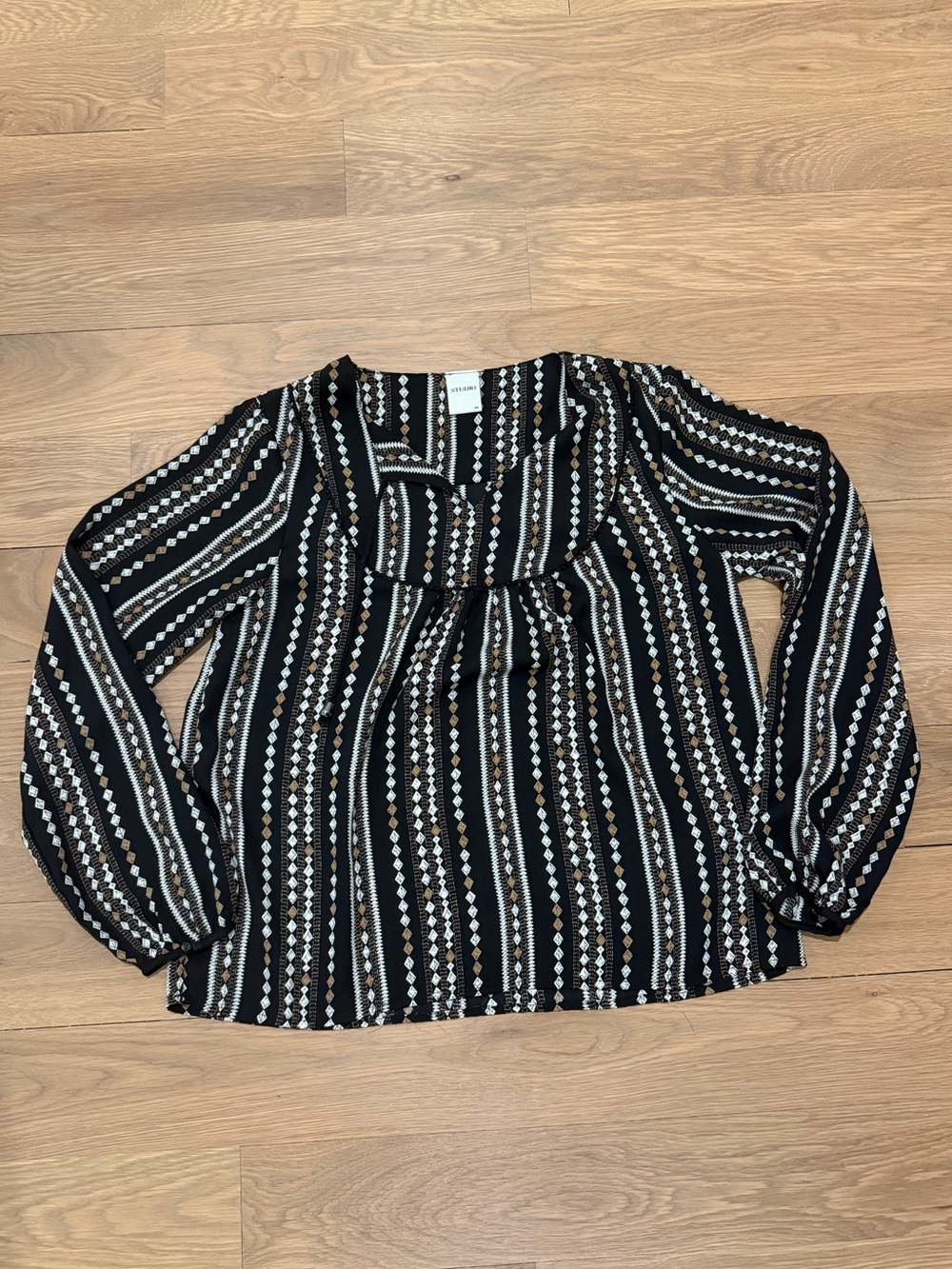 Woven Long-Sleeve Striped Boho Blouse - Black